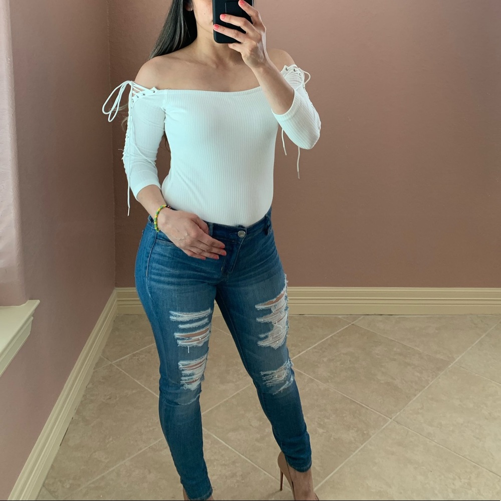 KLOE Sleeve Lace-up Bodysuit - White